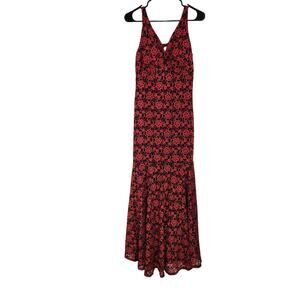 Y2k Leyva's Floral Sleeveless Ruffle Hem Maxi Dress Side Slit Burgundy Sz Large